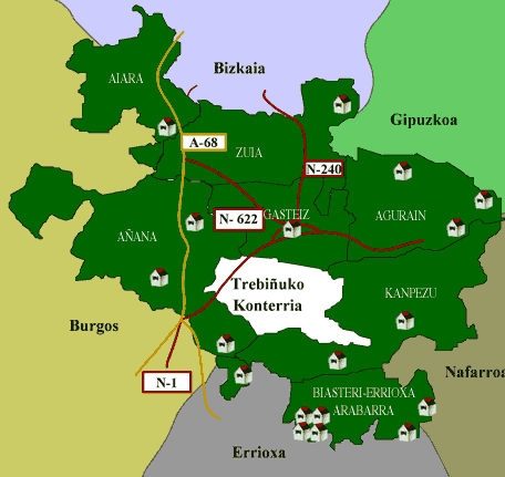 Mapa de Álava dividido en cuadrillas con la señalización de los distintos pueblos donde se localizan distintas danzas autóctonas