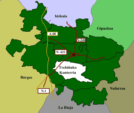 Mapa de Álava dividido en cuadrillas con la señalización de los distintos pueblos donde se localizan distintas danzas autóctonas